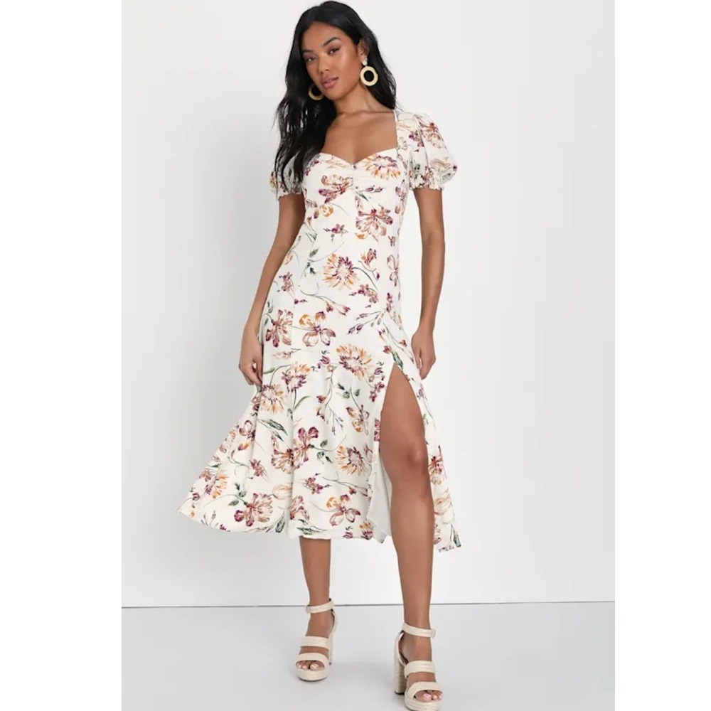 Lulus Parisian Picnic Cream Floral Jacquard‎ Puff Sleeve Midi Dress Size Medium